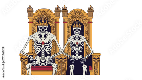 Eternal Rulers: Two regal skeletons, adorned with crowns and regalia, command from ornate thrones. A skeletal portrait of timeless power.