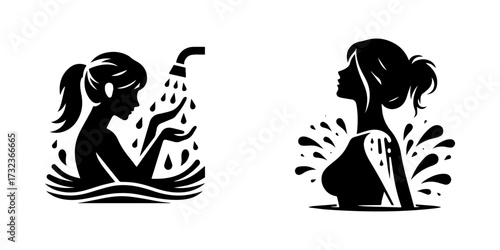 Modern Minimalist Women Taking a Bath Icon, Flat Silhouette of a Person Vector for Bathroom Illustration Design