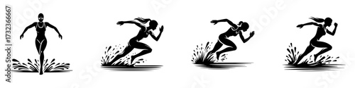 Modern Minimalist Women Sprinting in Water Race Icon, Flat Silhouette of a Sport Athlete Vector for Competition Illustration Design
