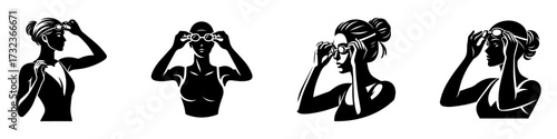 Modern Minimalist Women Wearing Goggles Swimming Icon, Flat Silhouette of a Sport Athlete Vector for Aquatic Illustration Design