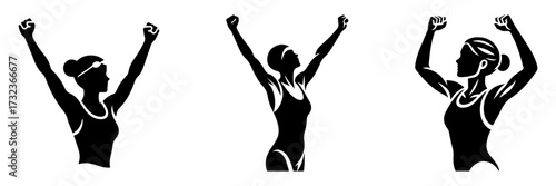 Modern Minimalist Women Celebrating Raising Their Hands Icon, Flat Silhouette of a Person Vector for Victory Illustration Design