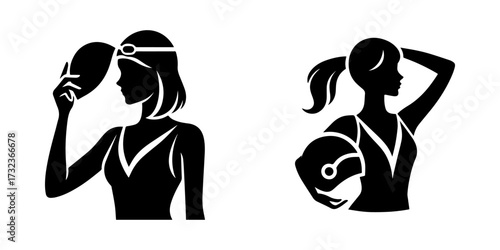 Modern Minimalist Women Holding Swimming Caps Icon, Flat Silhouette of a Sport Athlete Vector for Aquatic Illustration Design