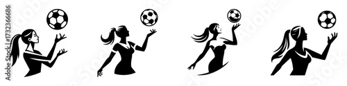 Modern Minimalist Woman with Half-Body View Holding Football Icon, Flat Silhouette of a Sport Athlete Vector for Soccer Illustration Design