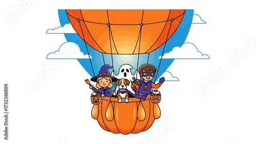 Halloween Balloon Adventure: A delightful Halloween scene features children and their pet in a pumpkin-shaped hot air balloon, floating through a blue sky filled with fluffy clouds.