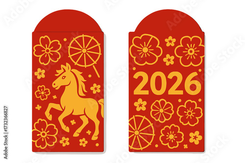 Chinese New Year 2026 Year of the Horse red envelope design. Vector lucky money packet, lai see or hong bao template with golden zodiac animal, flowers and traditional symbols.