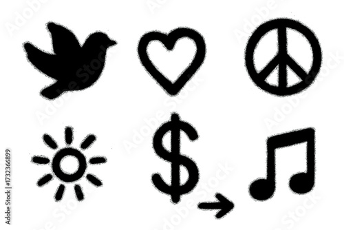 Graffiti spray elements set. Stencil aerosol paint texture. Street art symbols: bird, peace, heart, dollar, sun, music note, arrow. Urban grunge icon collection isolated.