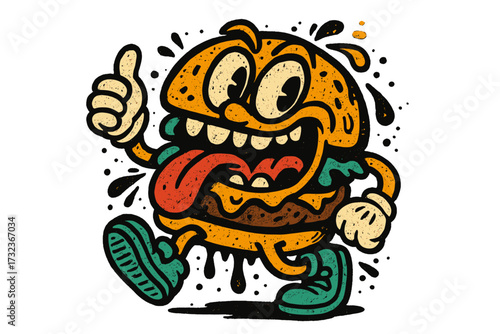 Retro cartoon burger character with a funny face. Happy fast food mascot in urban graffiti style giving thumbs up. Textured hand drawn vector for street art t-shirt print.