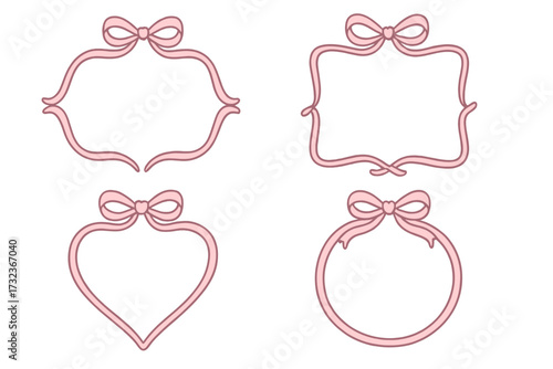Coquettish elegant decorative frames set with ribbon bow. Hand drawn vector borders for invitations, cards. Girly pink frames for baby shower, wedding, valentine's day.