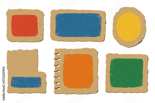 Vector collection of torn craft paper notes. Vintage collage art set with ripped notebook elements. Zine culture illustration with textured, colorful grunge crayon patterns.