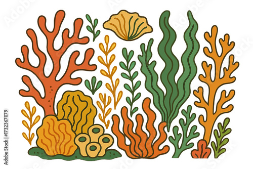 Corals and seaweed underwater ocean flora set. Cartoon groovy marine plants of the seabed. Vintage botanical elements in retro flat vector style. Sea life nature collection vector.