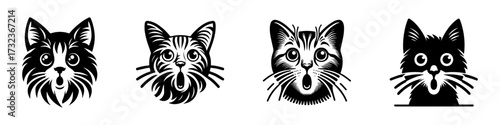 Modern Minimalist American Bobtail Icon, Flat Silhouette of a Cat Head Portrait Surprised Vector for Pet Illustration Design