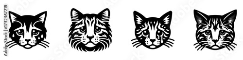 Modern Minimalist American Bobtail Icon, Flat Silhouette of a Cat Head Portrait Sad Vector for Pet Illustration Design