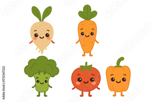 Cute cartoon vegetable characters set. Kawaii food mascot collection. Happy smiling carrot, tomato, broccoli, pepper, and root vegetable for kids. Childish vegan vector illustration.