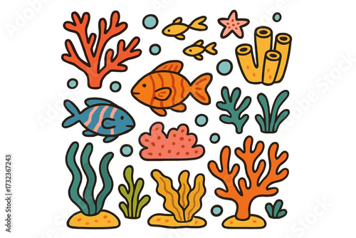 Exotic coral reef underwater life collection. Hand drawn doodle concept. Vector flat simple childish graphic elements. Naive summer composition with cartoon fish, seaweed and starfish.