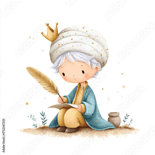Cute watercolor illustration of a little prince writing with a quill.
