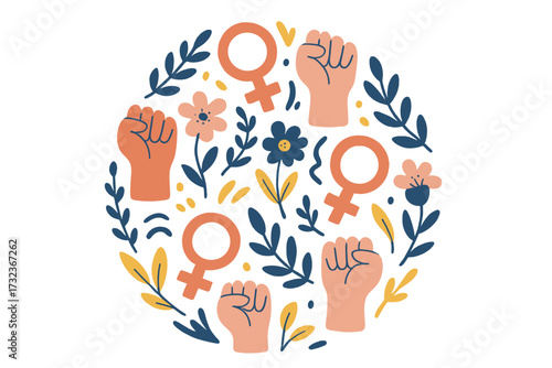 Girl power feminism concept. Female fist and venus symbol. Women's rights protest. Hand drawn vector illustration for International Women's Day. Sisterhood and solidarity.