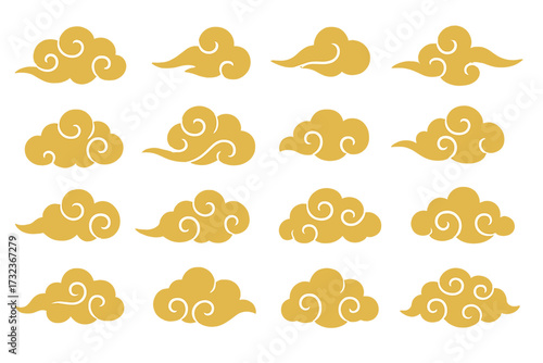 Traditional Asian golden cloud design elements collection, vector clipart set on white background, elegant swirl patterns for Chinese Lunar New Year, Mid Autumn Festival, CNY cards