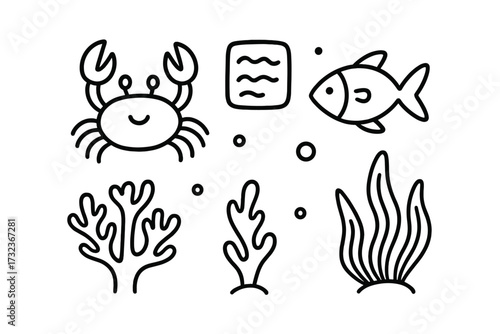 Marine life doodle icon set. Cute cartoon crab, fish, coral, and seaweed line art collection. Minimalist underwater animal and plant contour vector illustration for design.
