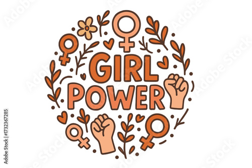 Girl Power lettering. Vector feminism concept illustration. Hand drawn doodle with female symbols, raised fist. Women empowerment, equality, rights protest circle composition.