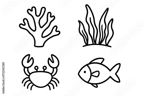 Marine life icon set. Simple doodle of coral, seaweed, crab, fish. Minimalist contour line art vector illustration. Cute cartoon underwater animal and plant collection isolated.
