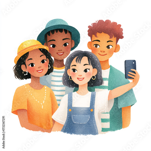 Diverse group of young friends taking a selfie together, showcasing unity and happiness.