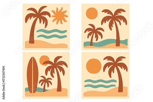 Trendy groovy palm tree beach sun sea cards set with surfboard, vacation and sunny summer day in boho aesthetic, retro flat vector illustration background, naive style tropical paradise
