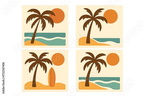 Trendy groovy palm tree beach cards set with sun, sea waves, surfboard, and sandy shore in retro boho aesthetic, summer vacation tropical vector flat illustration