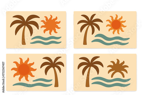 Trendy groovy palm tree beach sun sea cards set, surf club vacation, sunny summer day in boho aesthetic, retro naive vector flat illustration background, tropical vibes