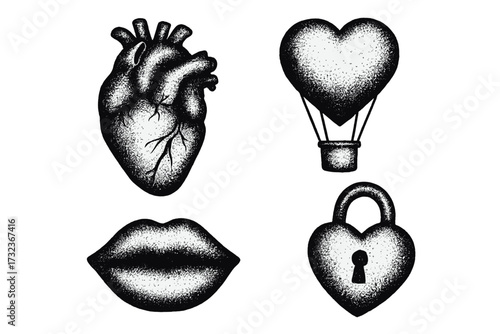 Romantic elements set in stippling style with retro photocopy effect, including human heart, lips, heart-shaped hot air balloon, and heart lock for Valentine's Day concept and craft design