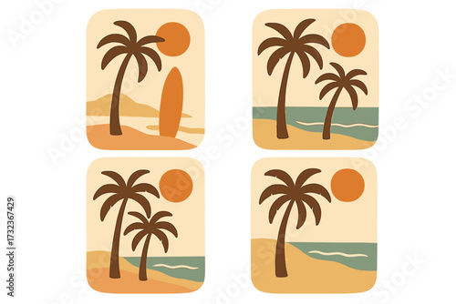 Trendy groovy palm tree beach and sun sea cards set, surf club vacation tropical summer day, boho aesthetic style, retro naive vector flat illustration backgrounds