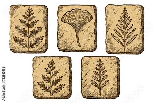 Graphic prehistoric plants fossils set. Ancient fern and ginkgo flora in engraving technique on stone tablets. Vector illustration for paleontology, archeology, or science.