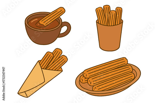Churros vector illustration set. Traditional Mexican or Spanish street food dessert with hot chocolate dip. Hand-drawn cartoon style icons in various packages for cafe menu.