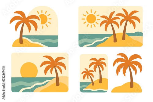 Trendy groovy palm tree beach sun sea cards set, retro surf club vacation vector flat illustrations, sunny summer day on island, boho aesthetic tropical nature backgrounds