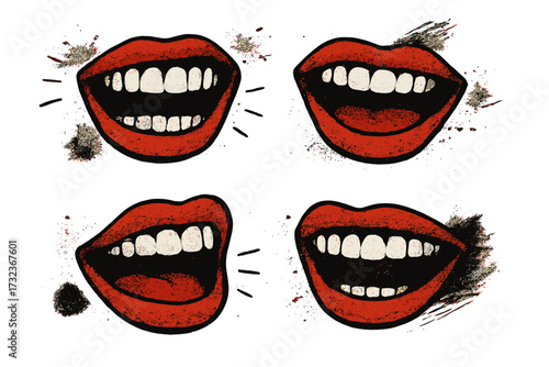 Halftone laughing lips set with grunge elements. Retro pop art mouth collage collection for banner, poster. Vector offset texture pack. Cartoon illustration with happy emotions.