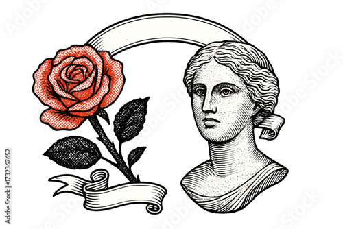 Romantic engraved vector with red rose and antique goddess bust. Vintage Valentine's Day design with classic Greek statue & ribbon banner. Retro halftone illustration for t-shirt.