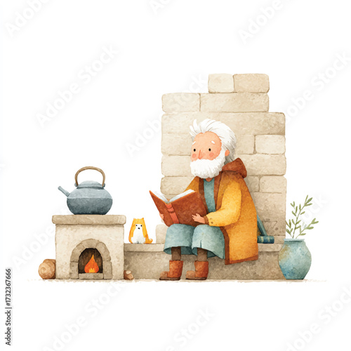 Elderly man reading a book near a stone structure and a small stove.