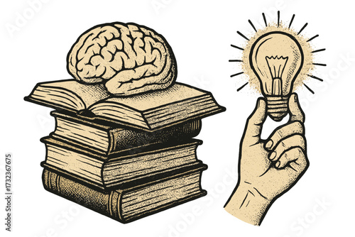 World Book Day Concept Retro Halftone Style Stack of Books with Brain and Hand Holding Light Bulb Symbolizing Knowledge Education Wisdom Intellectual Development and Study