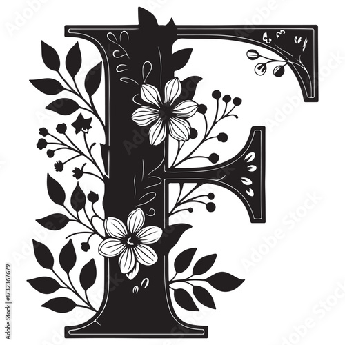 Botanical letter f with flowers and leaves, isolated on white background, creating a natureinspired and decorative alphabet design