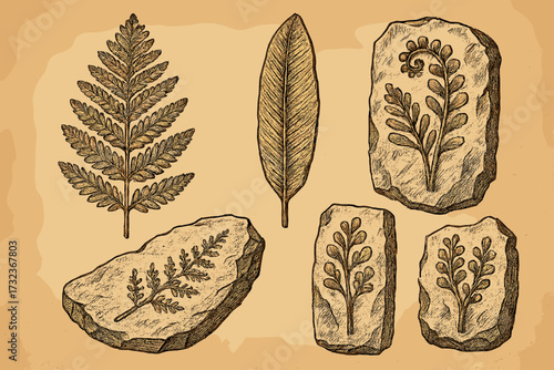 Prehistoric plant fossils set. Hand-drawn fern leaf imprints on stone. Paleontology vector illustration. Ancient botanical sketch for science, history and archeology discovery.