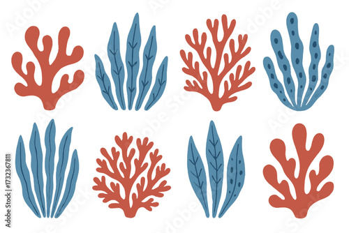 Set of flat hand drawn corals and seaweed. Botanical vector illustration of underwater flora, sea plants. Cartoon naive art clipart collection. Vintage red and blue marine plants.