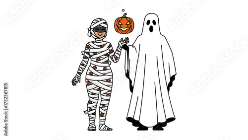 Spooky Friends on Halloween: Two whimsical Halloween characters, a mummy and a ghost, interact in a playful scene. A vibrant pumpkin adds a touch of holiday charm, creating an enchanting atmosphere.