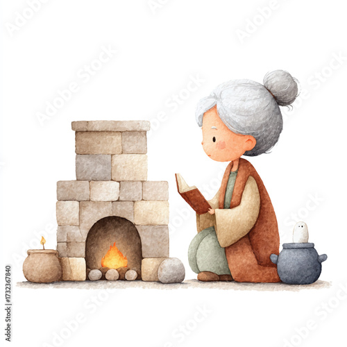 Elderly woman reading a book by the fireplace.