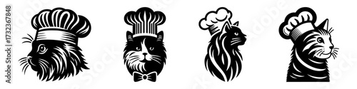 Modern Minimalist American Bobtail Icon, Flat Silhouette of a Cat Head with Chef Hat Vector for Cooking Illustration Design