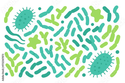 Microbiome vector concept with probiotics. Good microorganisms and lactic acid bacteria for gut health. Healthy intestinal flora and microflora background. Flat illustration.