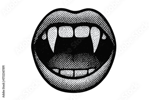 Vampire mouth with fangs in trendy halftone pop art style. Vector scary monster lips illustration. Horror Halloween graphic. Dracula teeth concept. Retro dotted comic design.