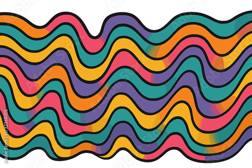Psychedelic groovy retro background with bold liquid waves. Vintage 70s style wallpaper design. Abstract colorful wavy lines pattern. Flat vector cartoon illustration.