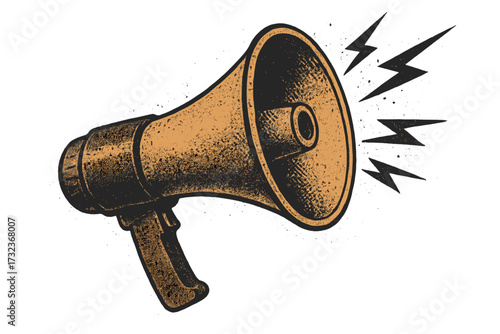 Grunge megaphone vector illustration. Loudspeaker for announcement, alert, and protest. Retro style communication symbol for advertising, promotion, or propaganda poster design.