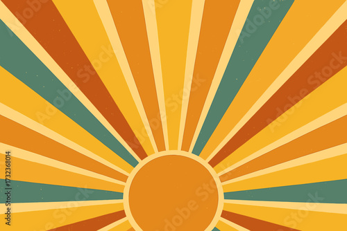 Retro sunburst background with sun rays in an aesthetic 70s style. Vintage sunrise summer backdrop with a sunbeam starburst pattern. Flat geometric vector illustration design.