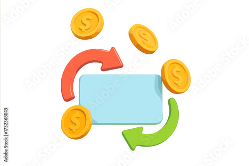 Cashback money refund vector concept. 3D illustration with credit card, falling coins and arrows. Symbol for financial transaction, loyalty program, online payment promotion.