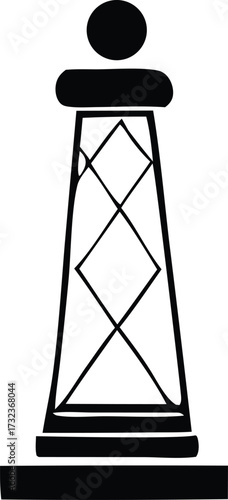 Stylized black and white outline of a lighthouse with diamond lattice pattern and a circular top light source symbol
